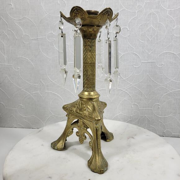 Vintage Other - Antique Brass Candlesticks 11" Gold Candle Holder Crystal Prisms Ornate Art Deco